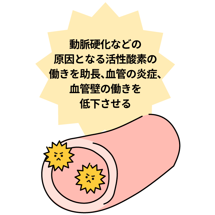 動脈硬化などの原因となる活性酸素の働き方を助長、血管の炎症、血管壁の働きを低下させる